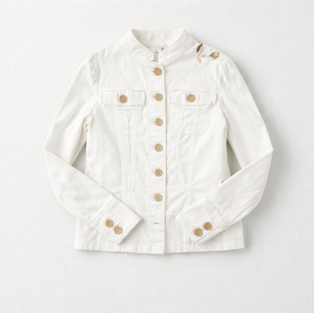 Vintage Tryst White Embroidered Denim Jacket Raw Edge Petite Small Boho Y2K